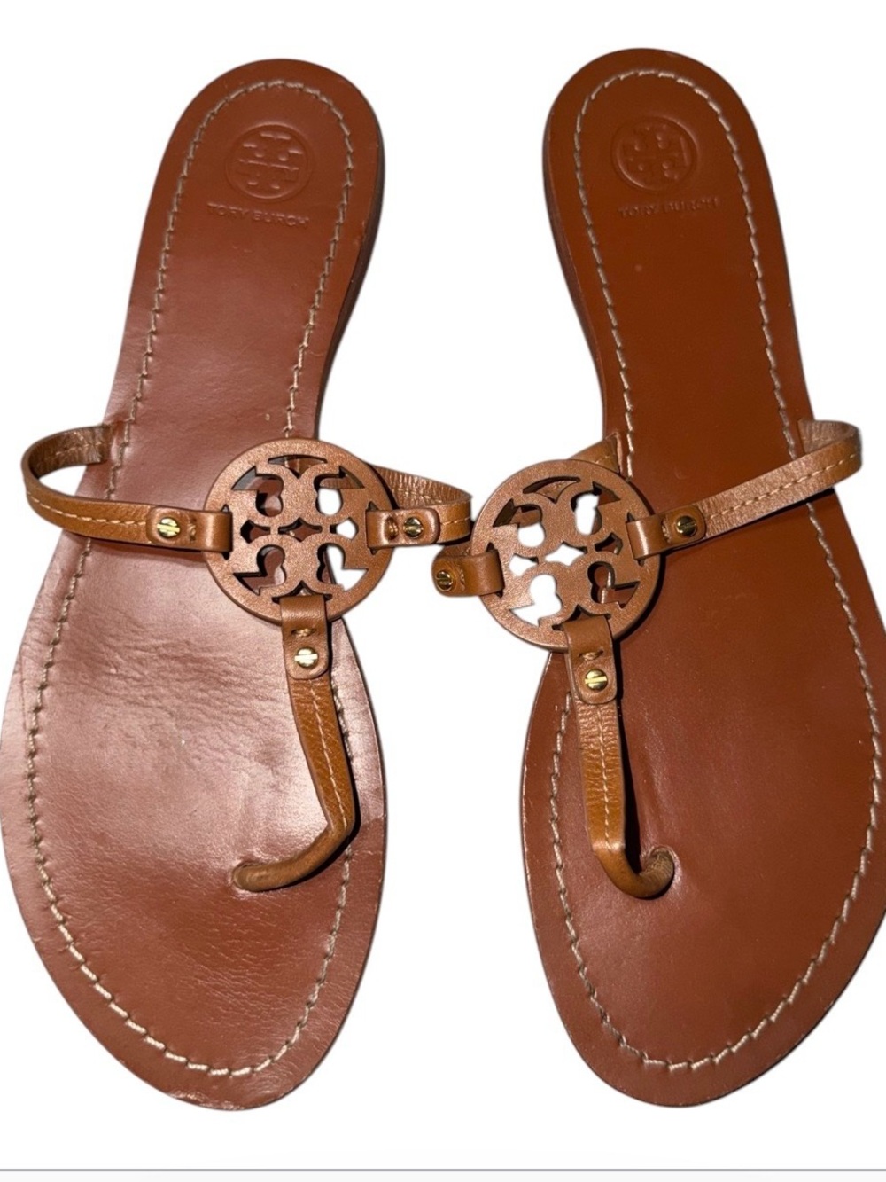 Tory Burch Brown Leather Logo Thong Sandals